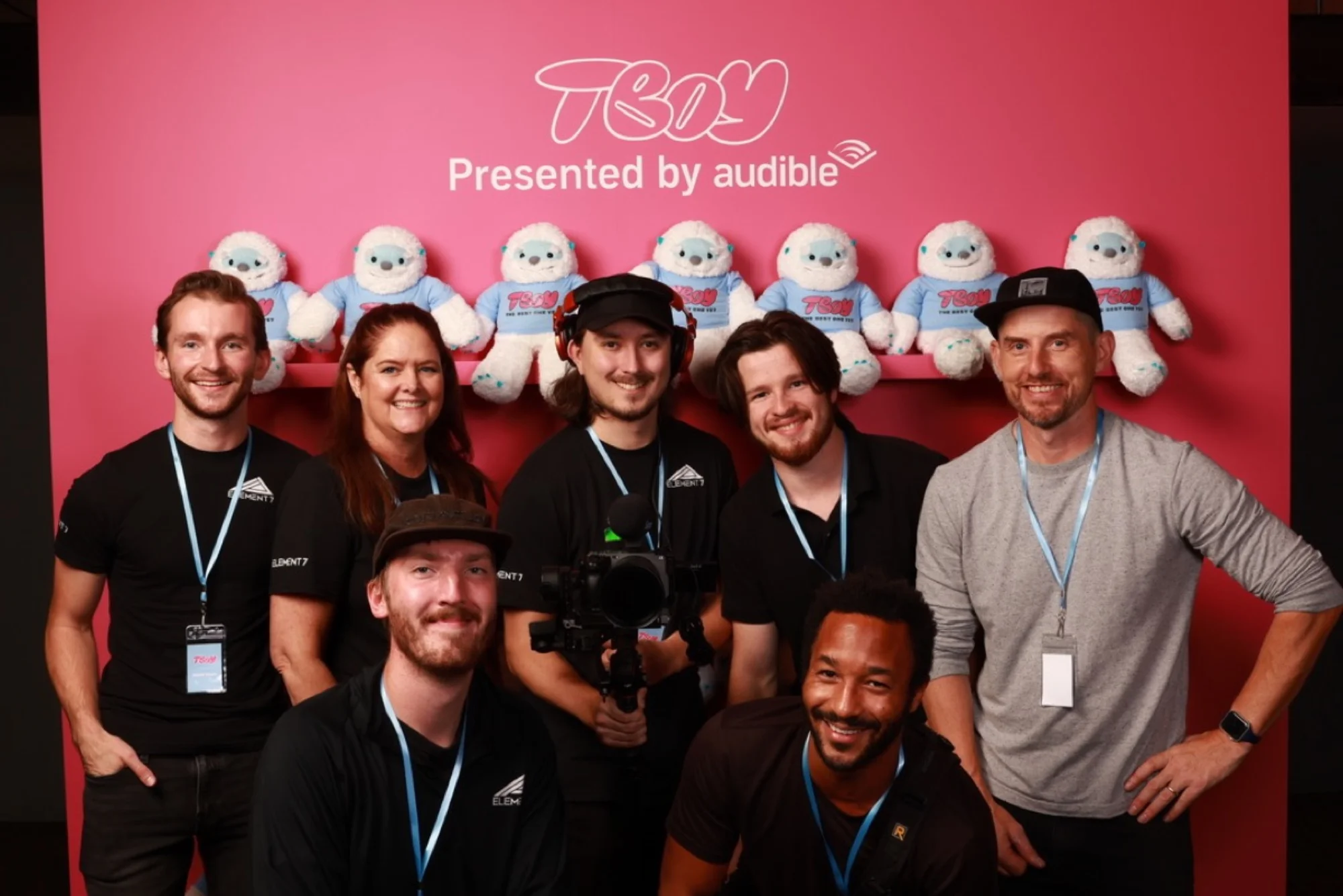 Element 7 production crew at Audible event — full team in E7 gear