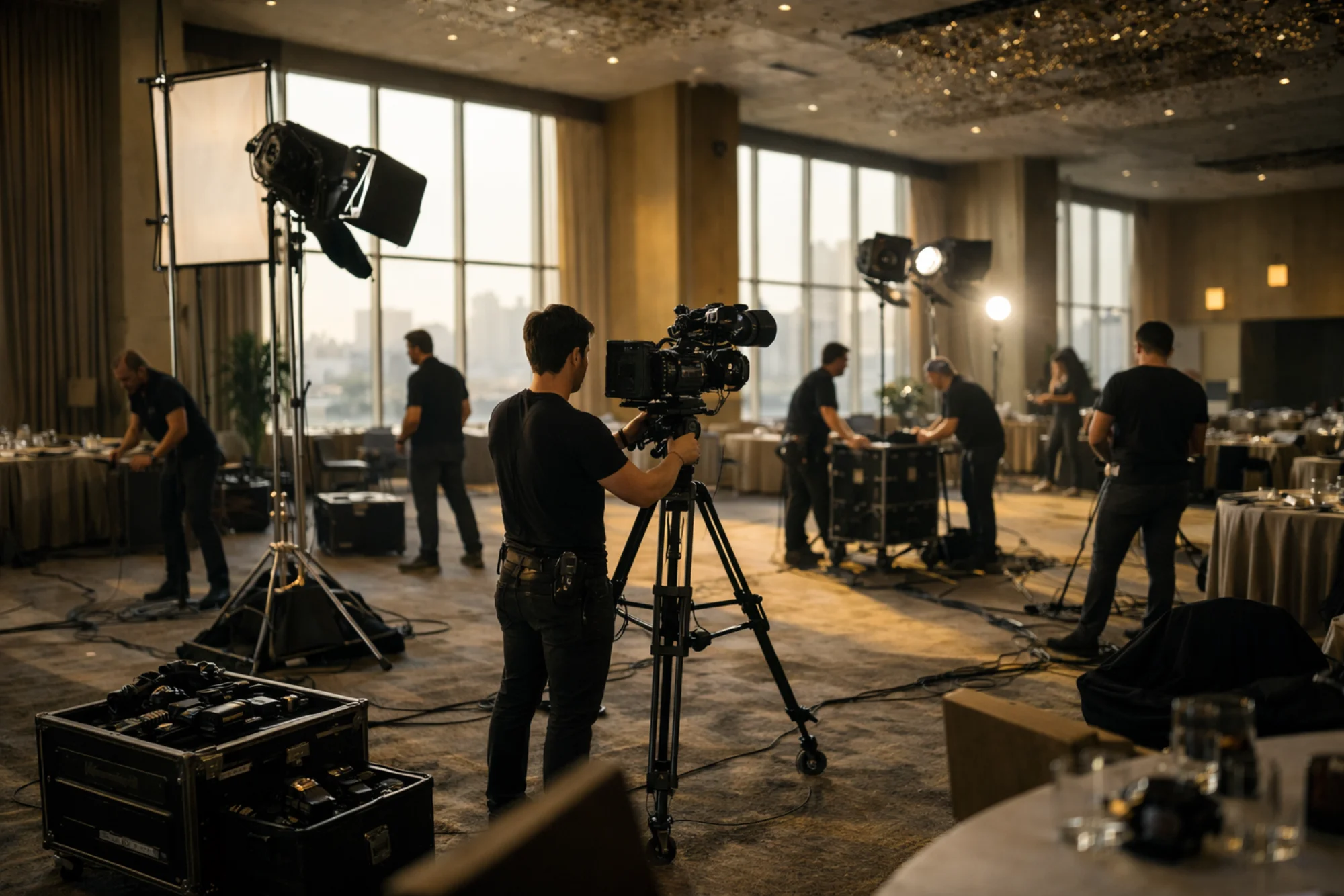 Video editor color grading event footage on professional workstation