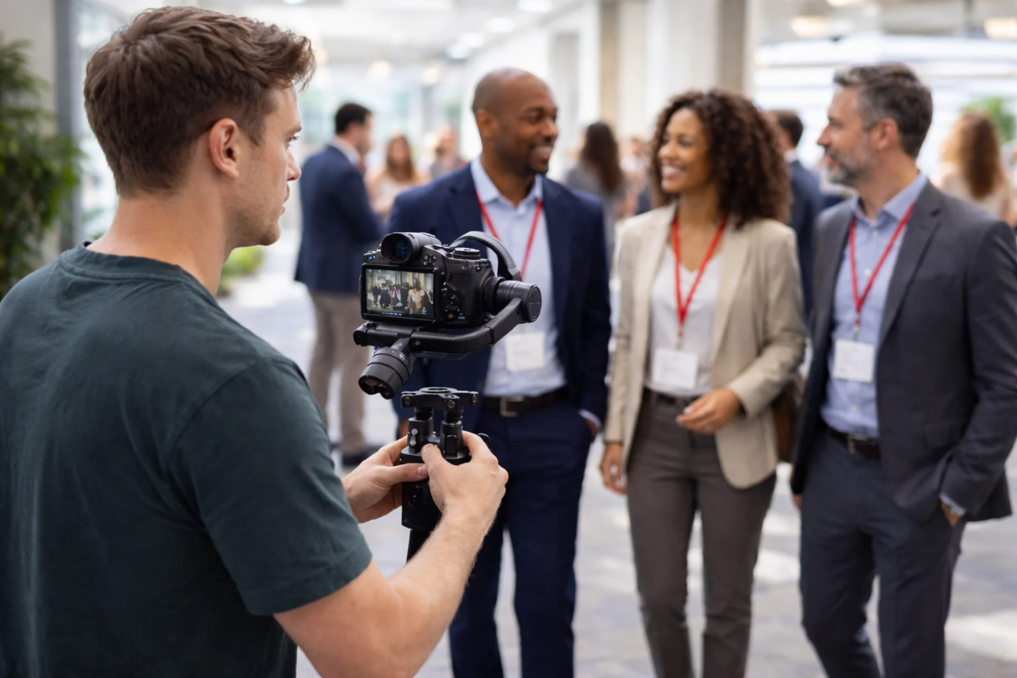 Videographer with gimbal capturing conference attendees for sizzle reel
