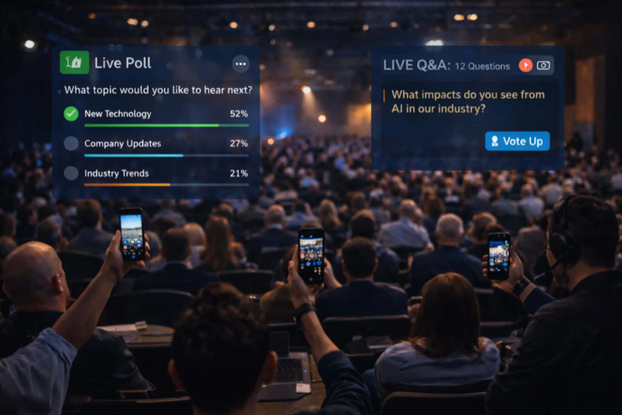 Live event audience with phones and real-time polling overlay