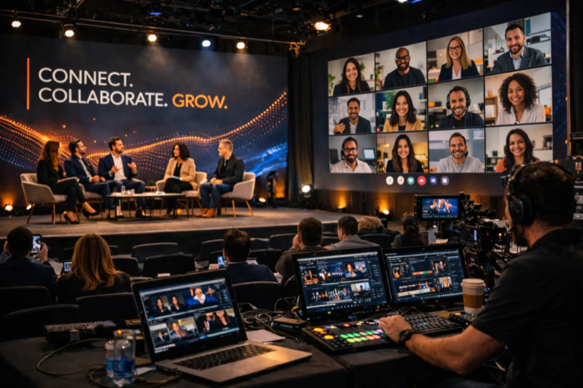 Hybrid conference stage with remote participants on LED wall and in-person panelists
